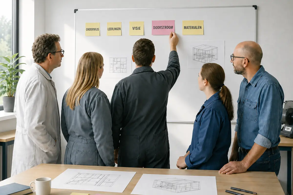 Een team werkt samen aan een planning op een whiteboard
