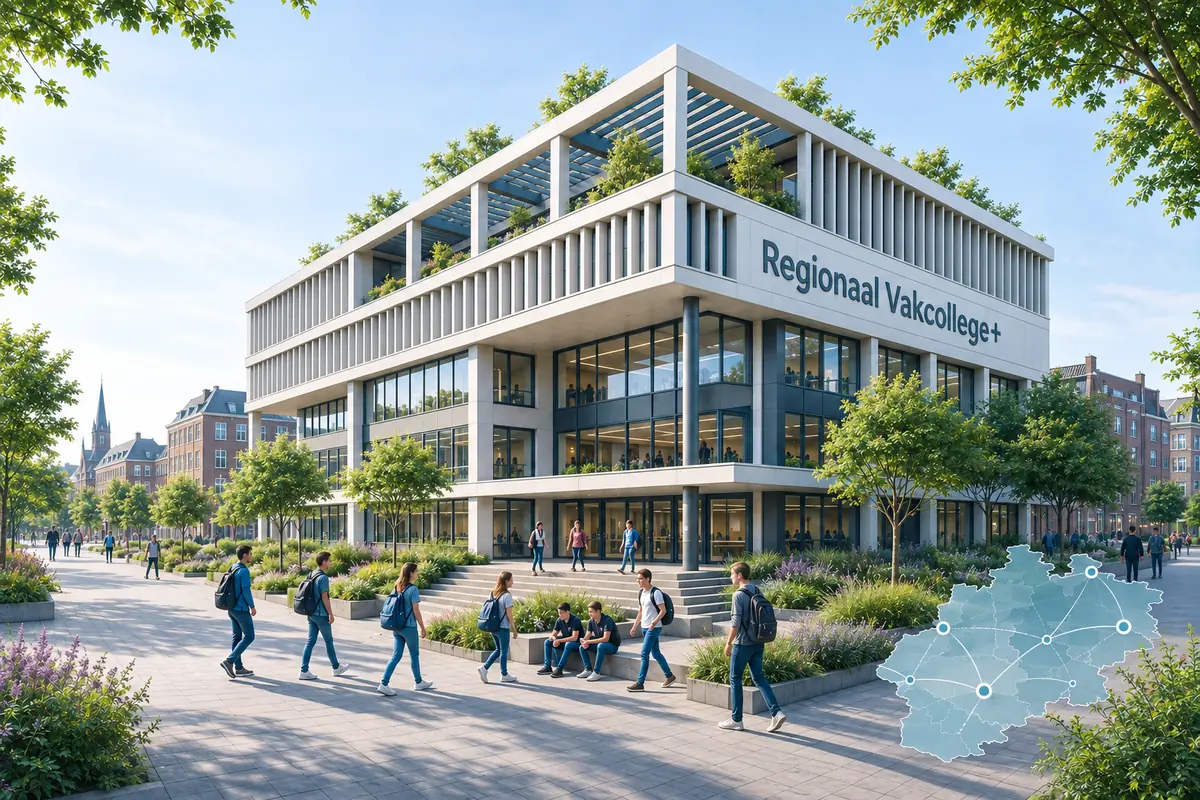 Een regionaal vakcollege met leerlingen op het plein